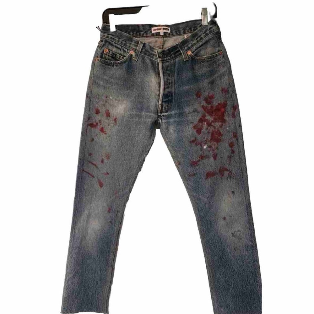 REDONE Blue Relaxed Crop Red Paint Splatter Women’s Cotton Denim Jeans Size 24 - Picture 2 of 15